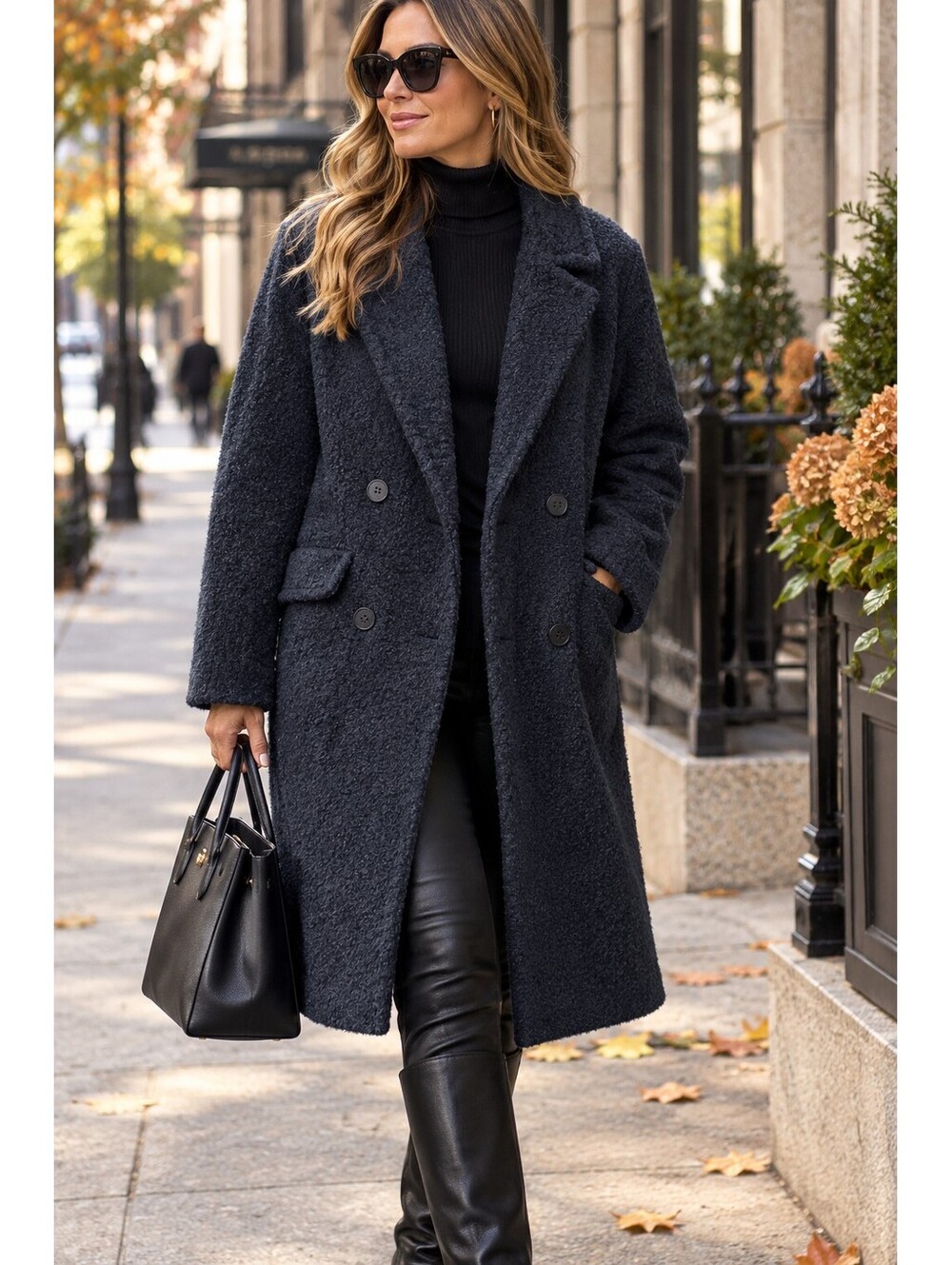 BCBGMAXAZRIA Navy Boucle Teddy Coat S Double Breasted Plush Oversized